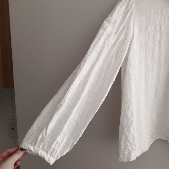 Sandro Jacquard Blouse Double S Logo Pleated Collar Puff Sleeves White 2 Medium - Picture 5 of 16